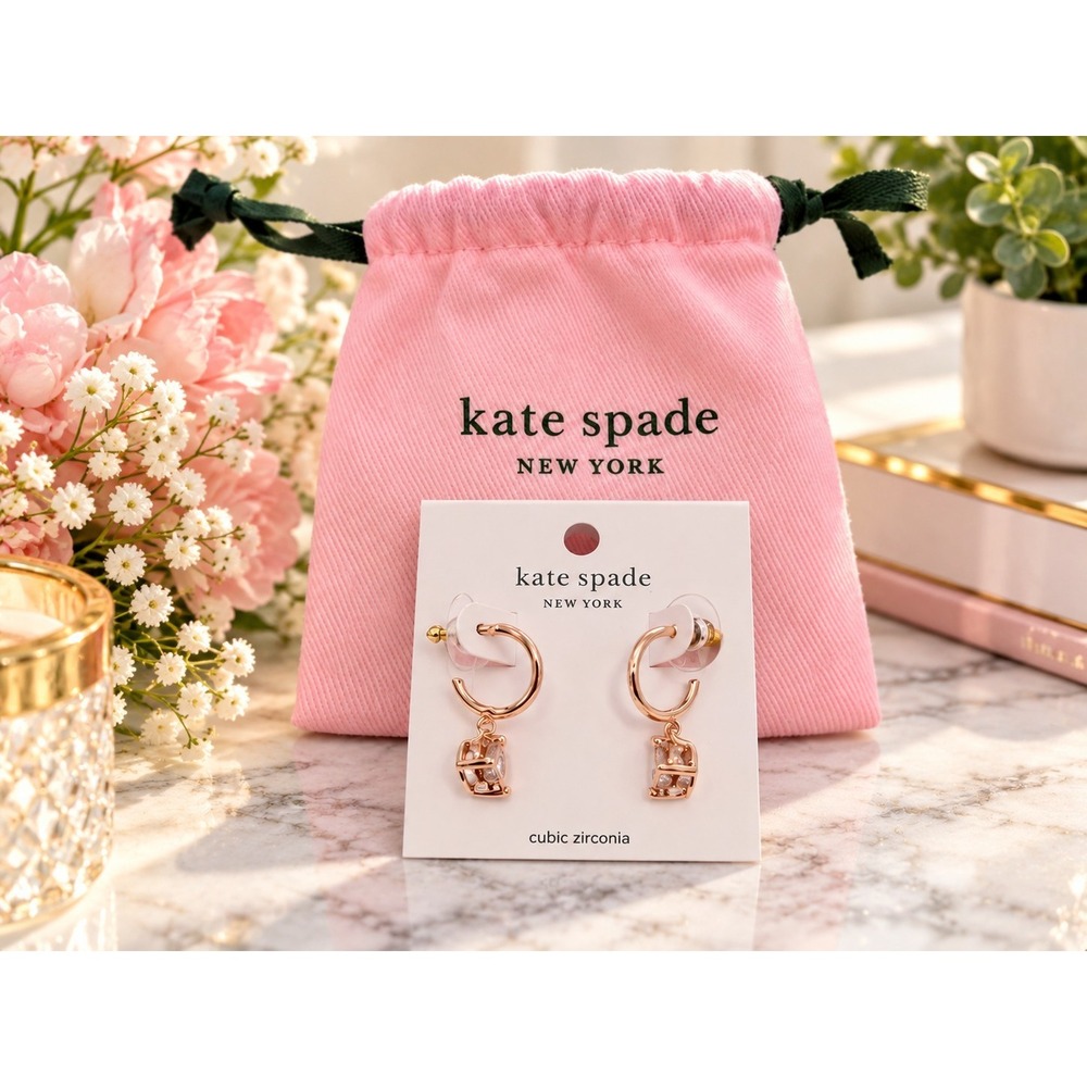 Kate Spade Rise and Shine Rose Gold CZ Huggie Drop Earrings Coquette NWT